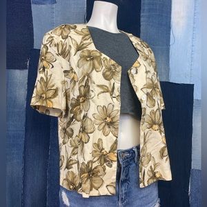Vintage Short Sleeve Large Flower Printed Cream Tan Blazer Sz M/L